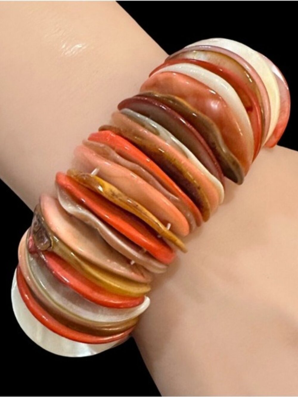 Colorful Shell Disk Stretch Bracelet Natural Orange White Brown Jewelry